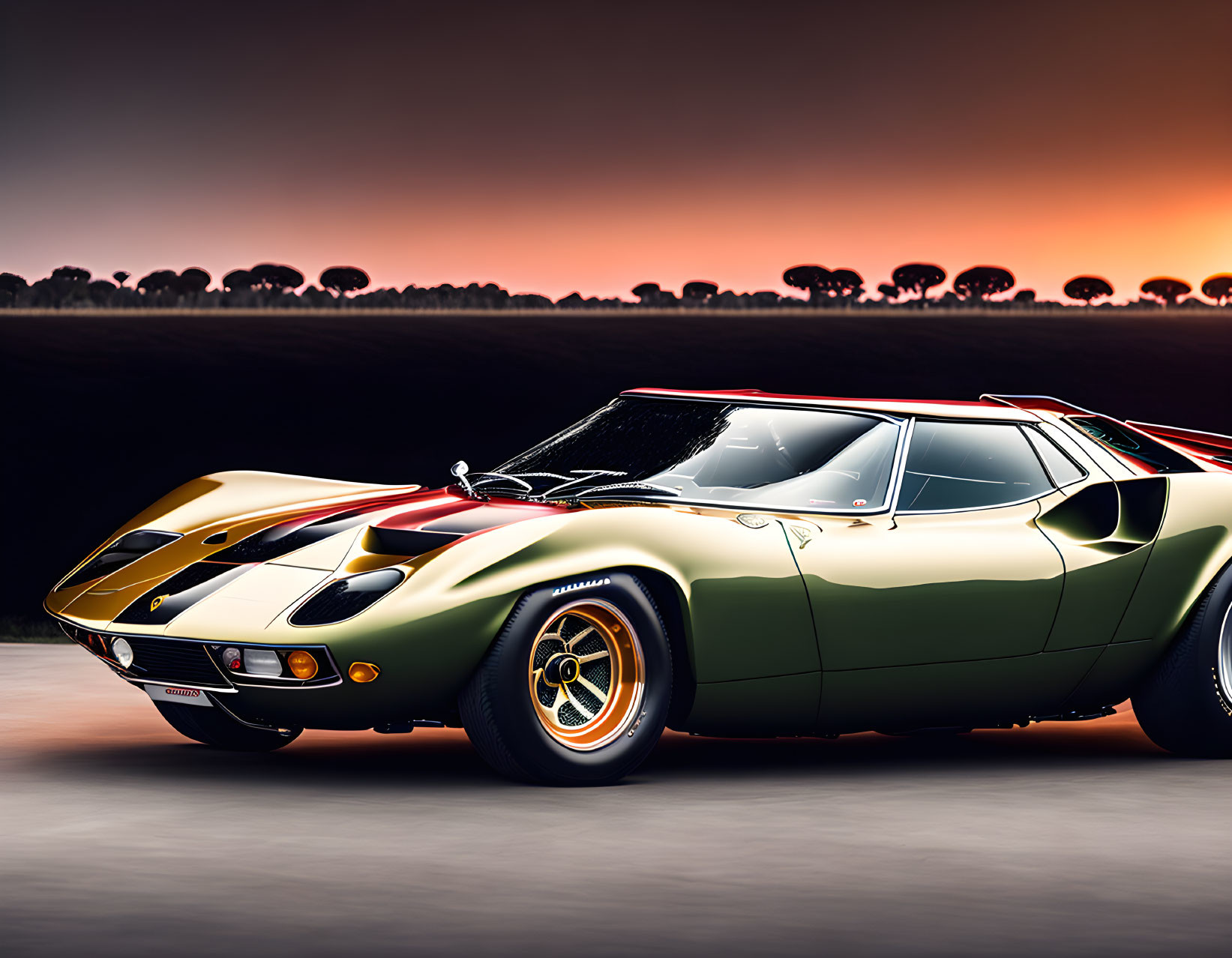 Vintage Green and Yellow Sports Car at Sunset Sky