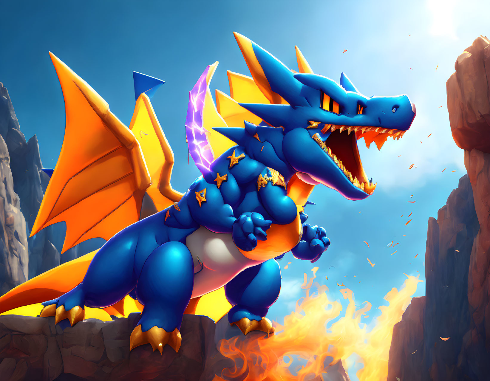 Colorful Dragon Roaring Among Mountain Flames