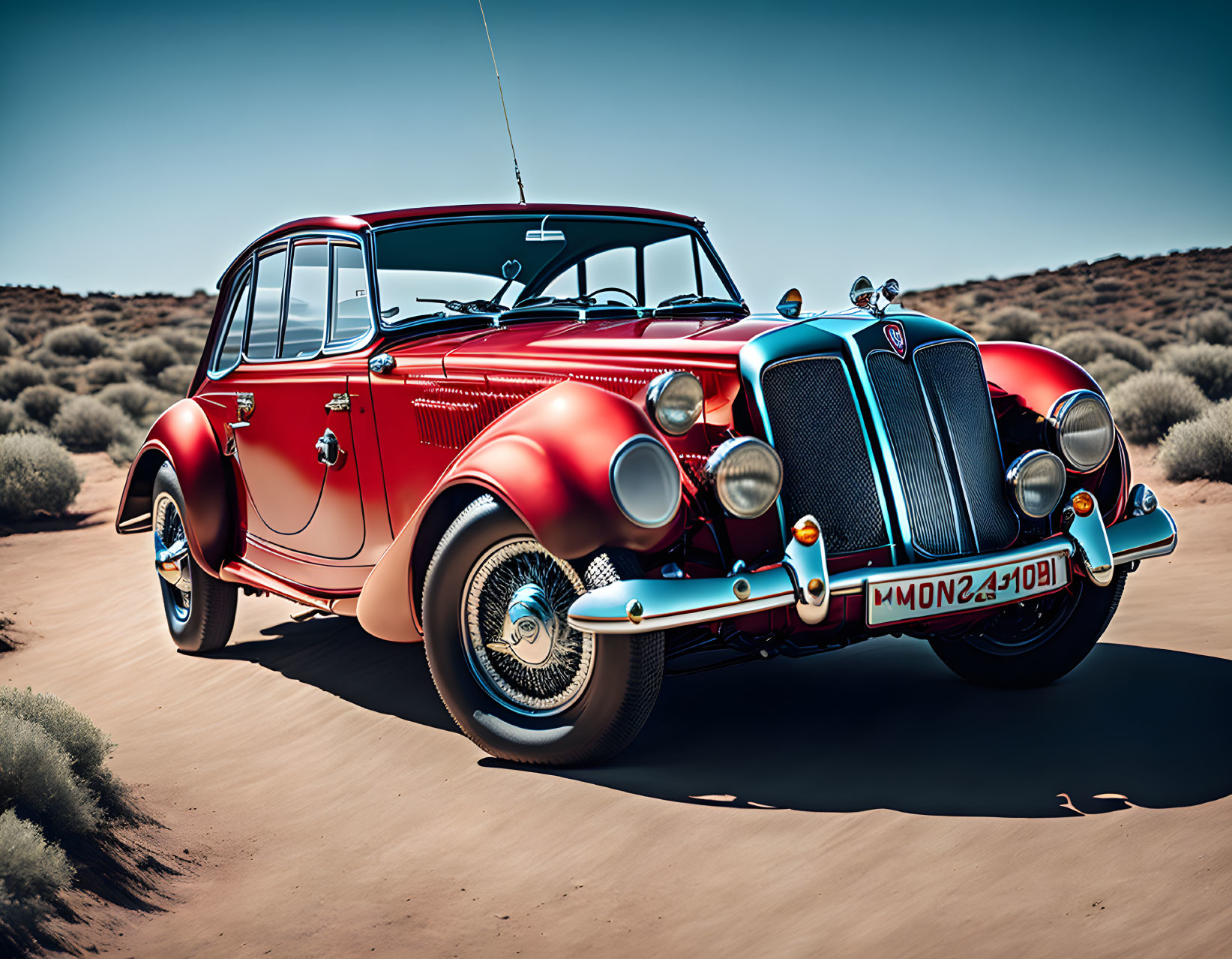 Vintage Red Car with Chrome Details on Desert Road