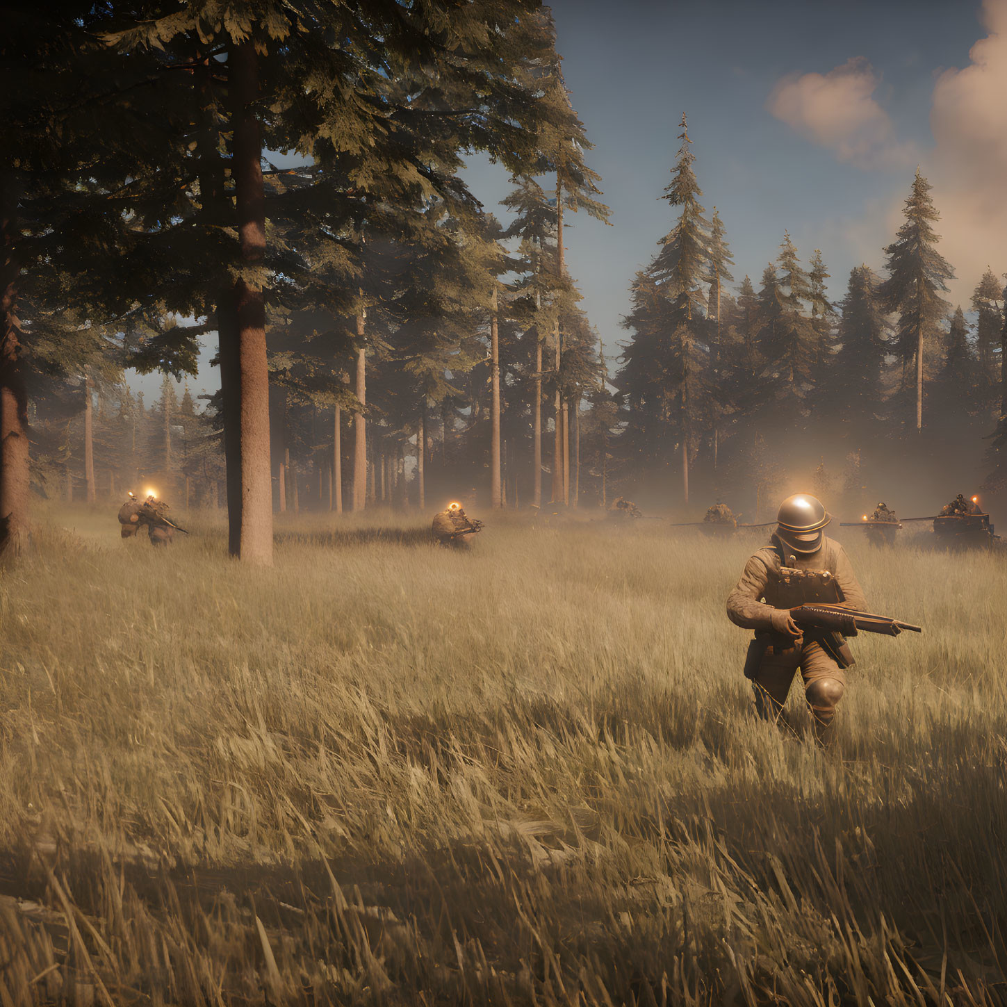 Military soldiers in forest clearing, one crouching with rifle