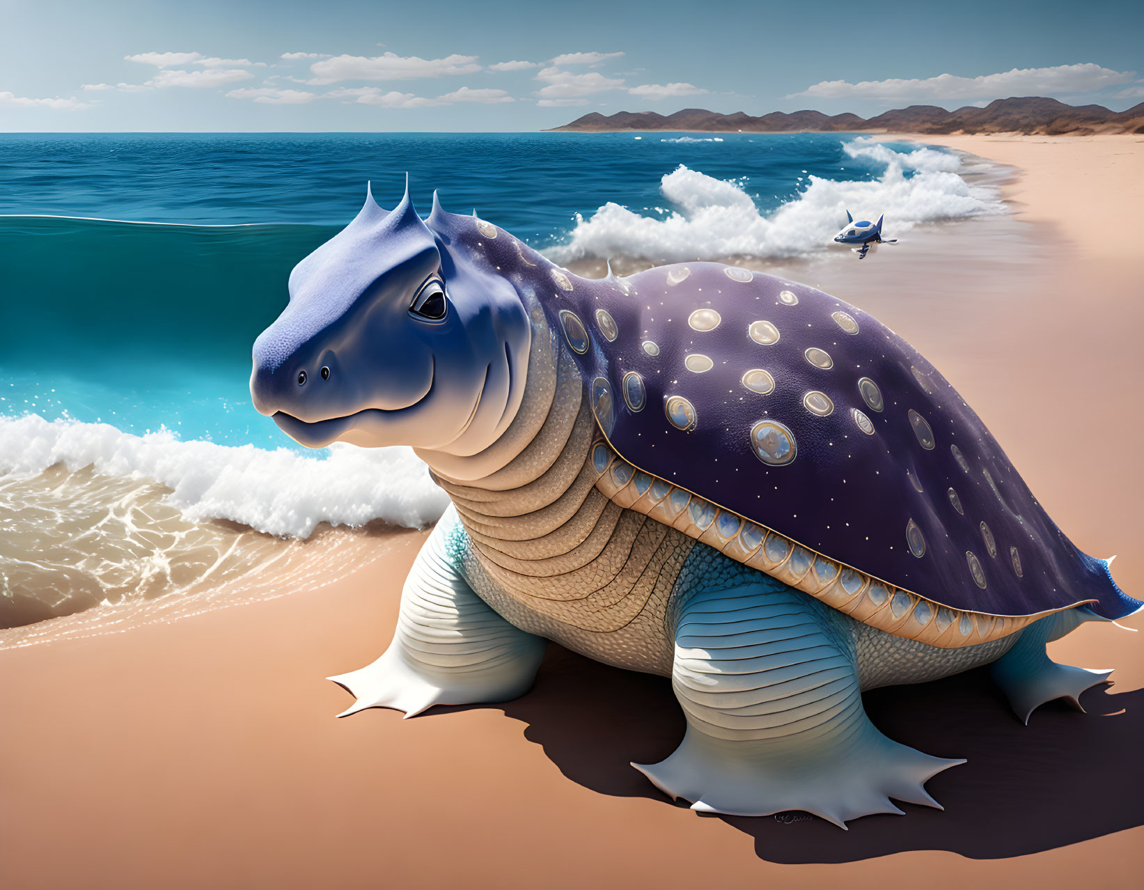 Blue dinosaur-like creature with star-patterned skin on sandy beach.