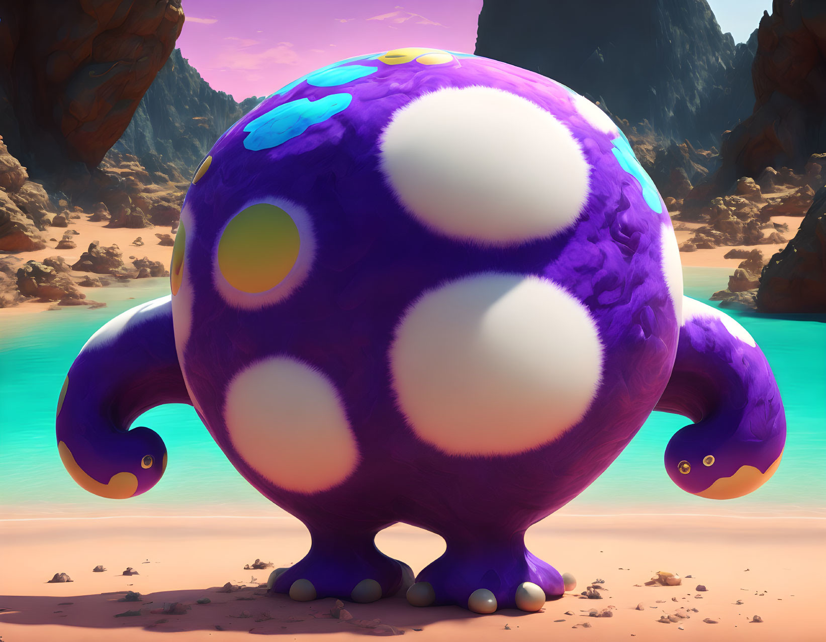 Purple spherical creature with horns and tentacles in desert canyon