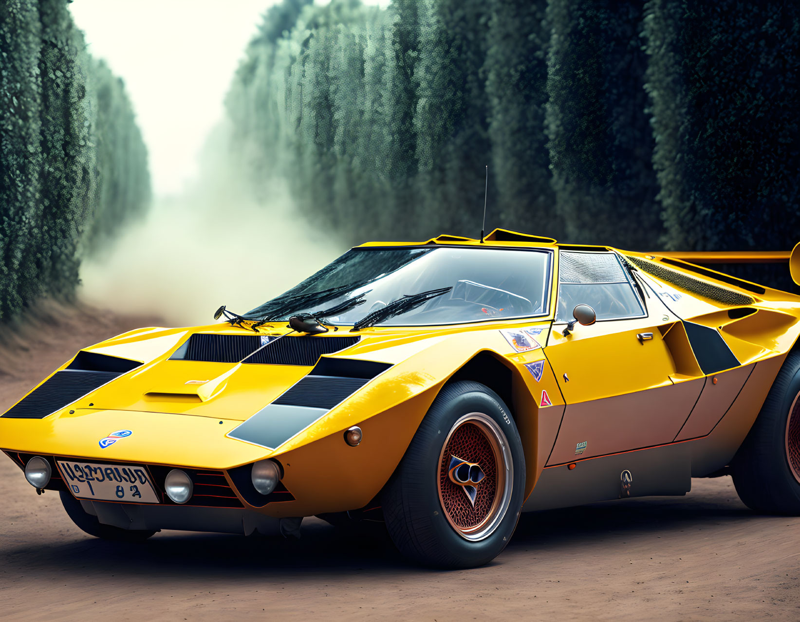 Vintage Yellow Sports Car with Black Stripes on Misty Tree-Lined Road