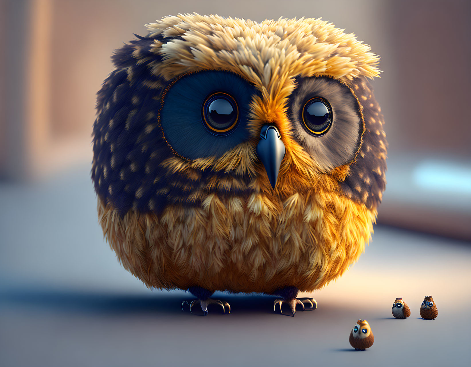 Cartoonish owl with big blue eyes and fluffy feathers beside three mini versions