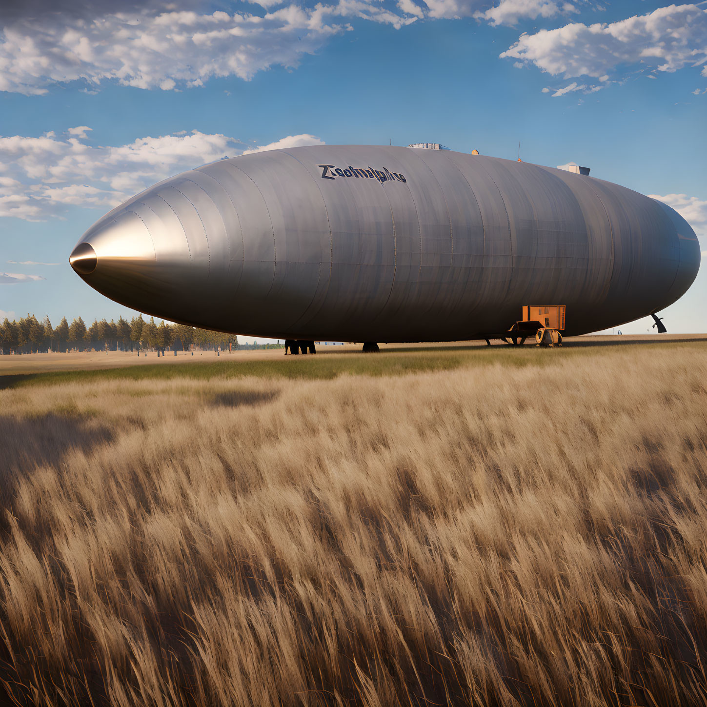 Large airship with "Zeppelin" on grassy field under clear blue sky