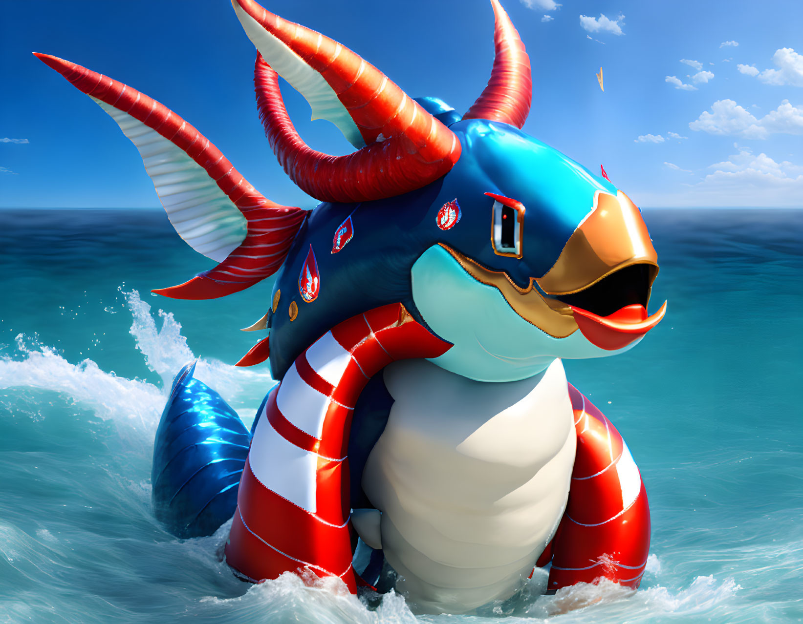 Colorful Inflatable Dragon Floatie on Blue Ocean Waves