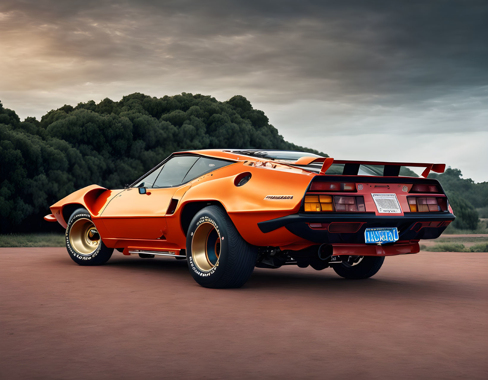 Vintage Orange Lamborghini Countach with Wedge Shape and Rear Wing on Open Road