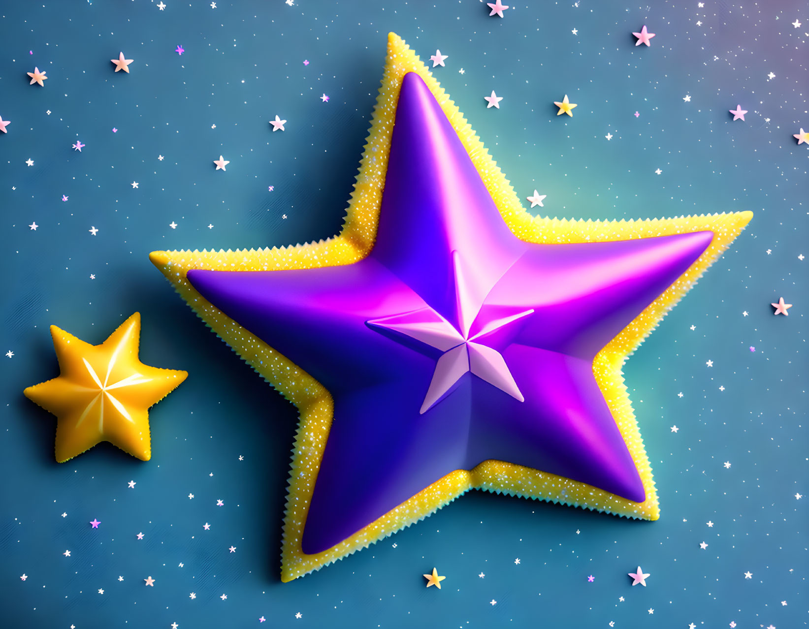 Two vibrant stars in shades of purple, blue, and yellow set against a dark blue sky with scattered