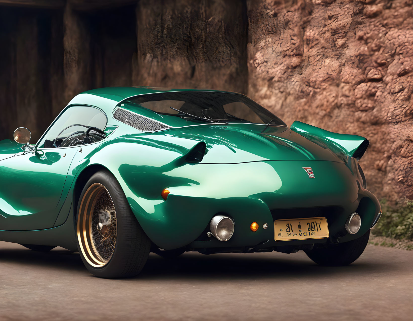 Vintage Green Sports Car with Round Headlights on Stone-Paved Alley