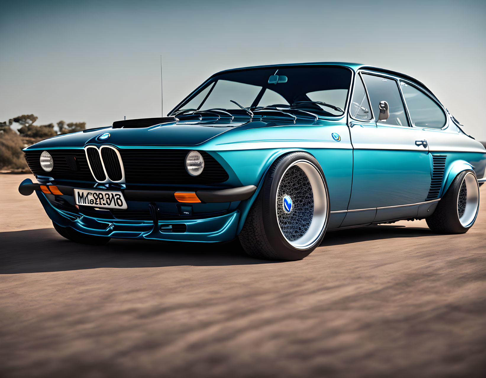 Vintage BMW car with chrome details and blue paint parked in sandy area