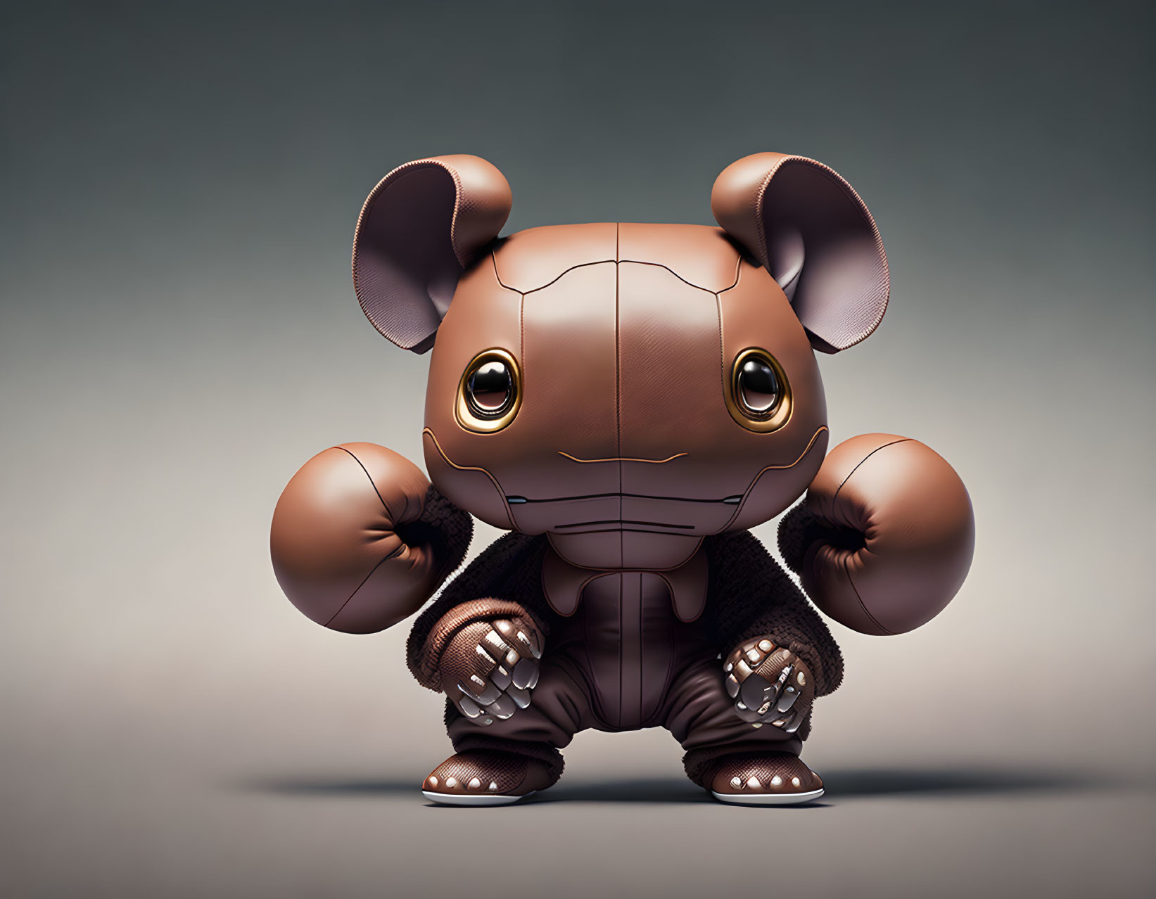 Brown Robotic Koala Toy with Circular Ears on Grey Background