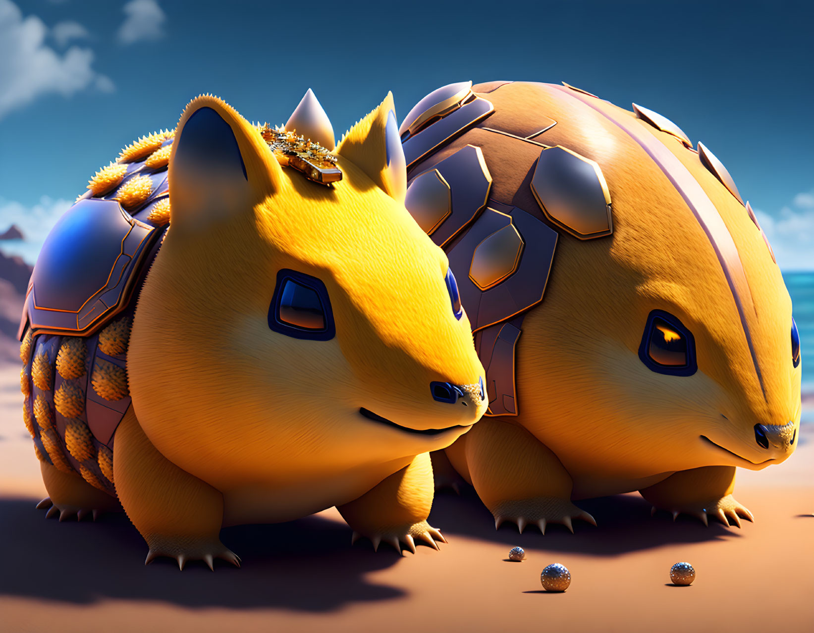 Stylized armored armadillo creatures with golden crowns under a blue sky