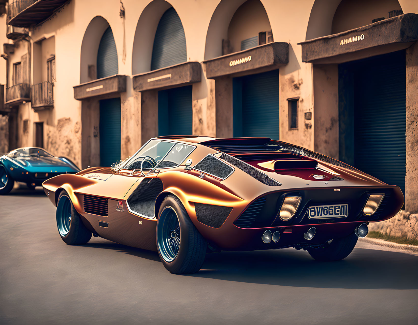 Vintage Bronze Sports Car Parked on Cobblestone Street