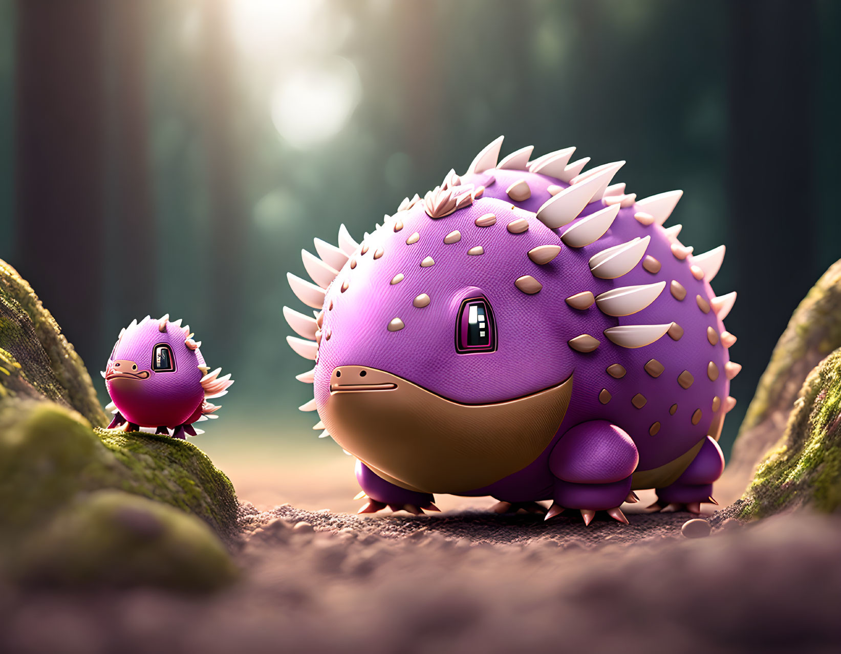 Purple Cartoon-Style Parent and Child Creatures in Forest Setting