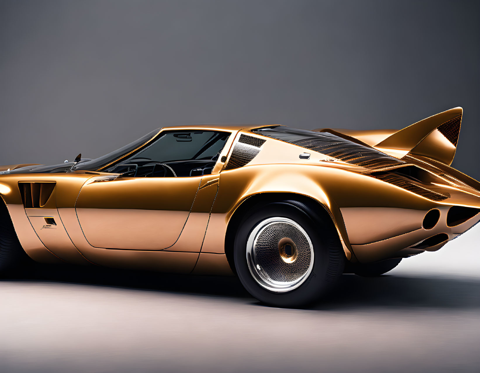 Vintage Golden Sports Car with Gull-Wing Doors Open on Gradient Background