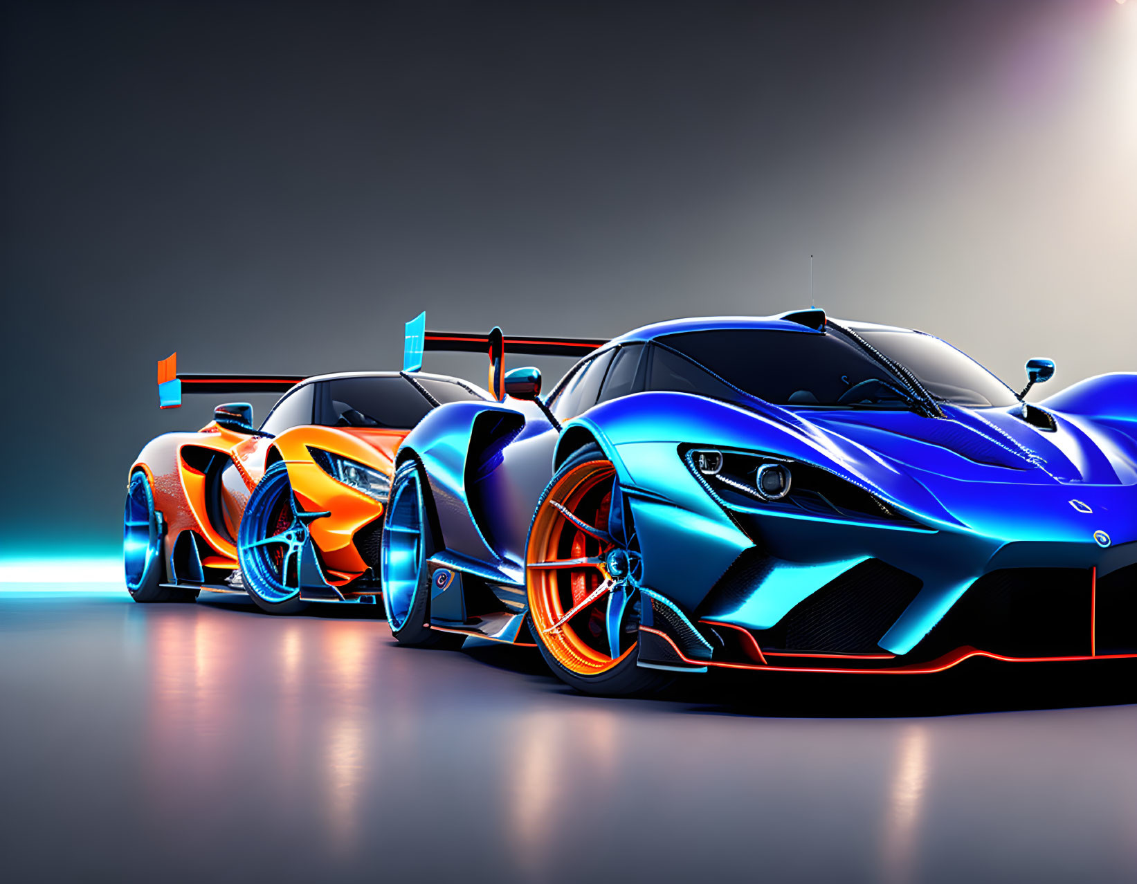 Futuristic sports cars with neon accents on reflective surface