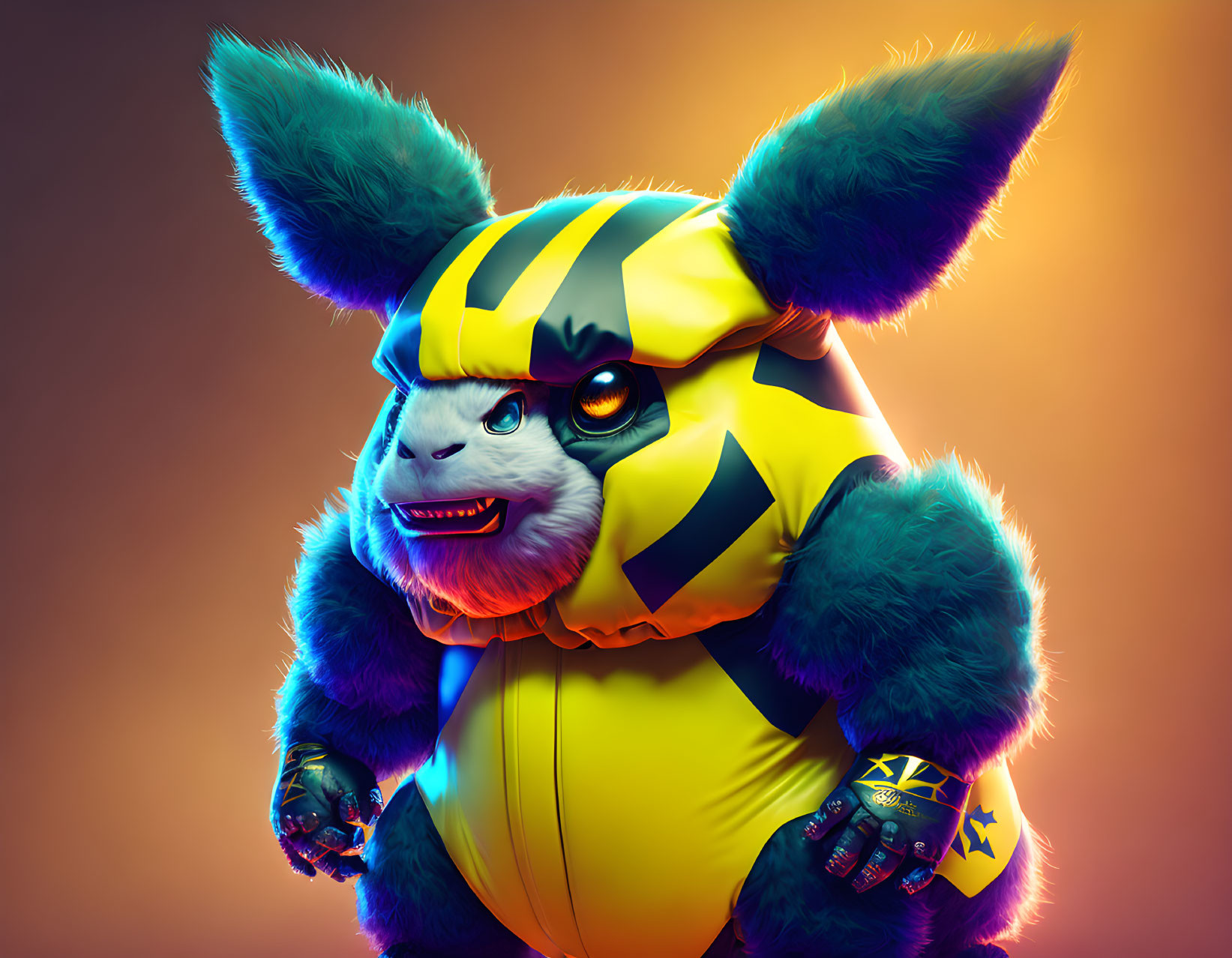 Digital artwork of Pikachu with realistic fur and hoodie, intense expression