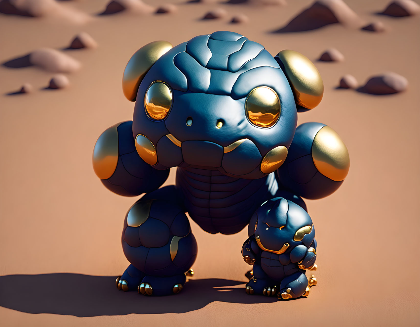 Stylized robotic tortoise creatures on sandy background