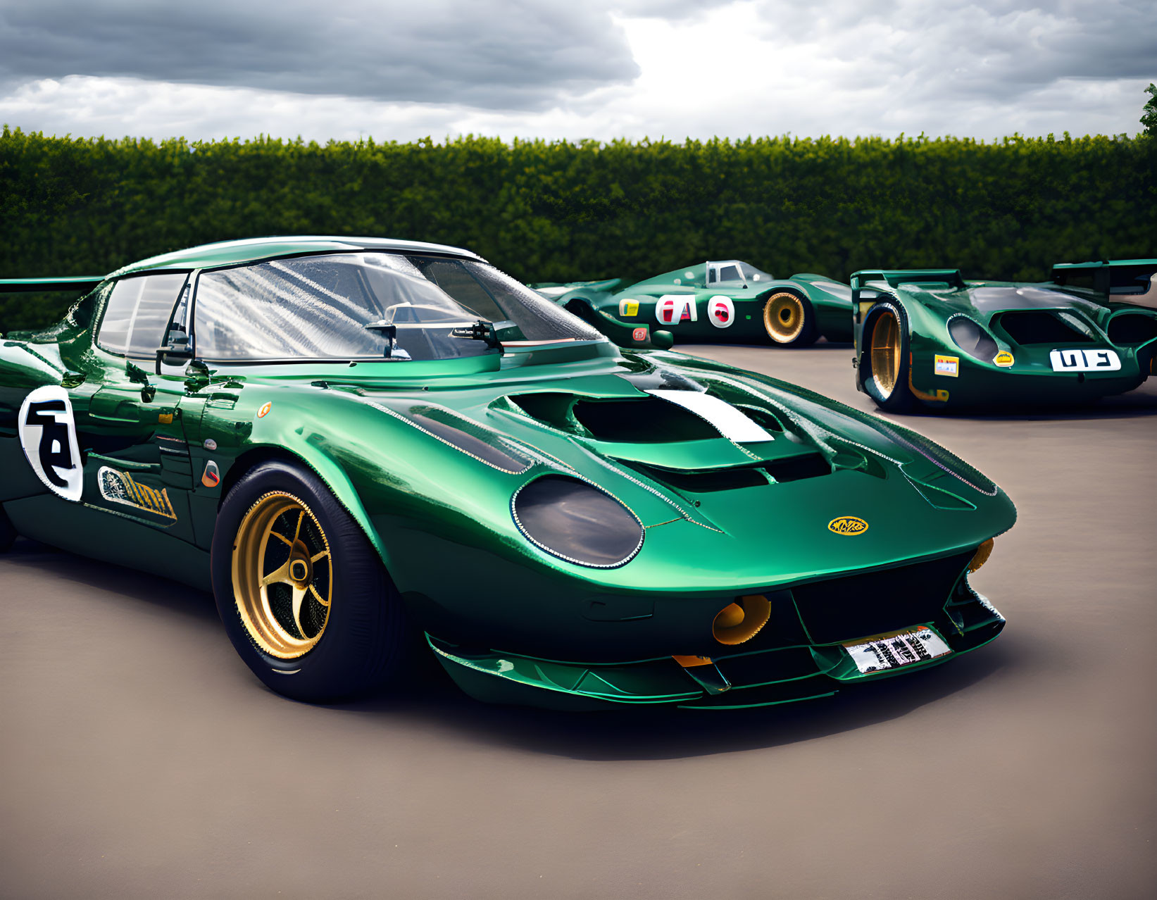 Green Classic Lotus Racing Car with Gold Rims and Number 7 on Track