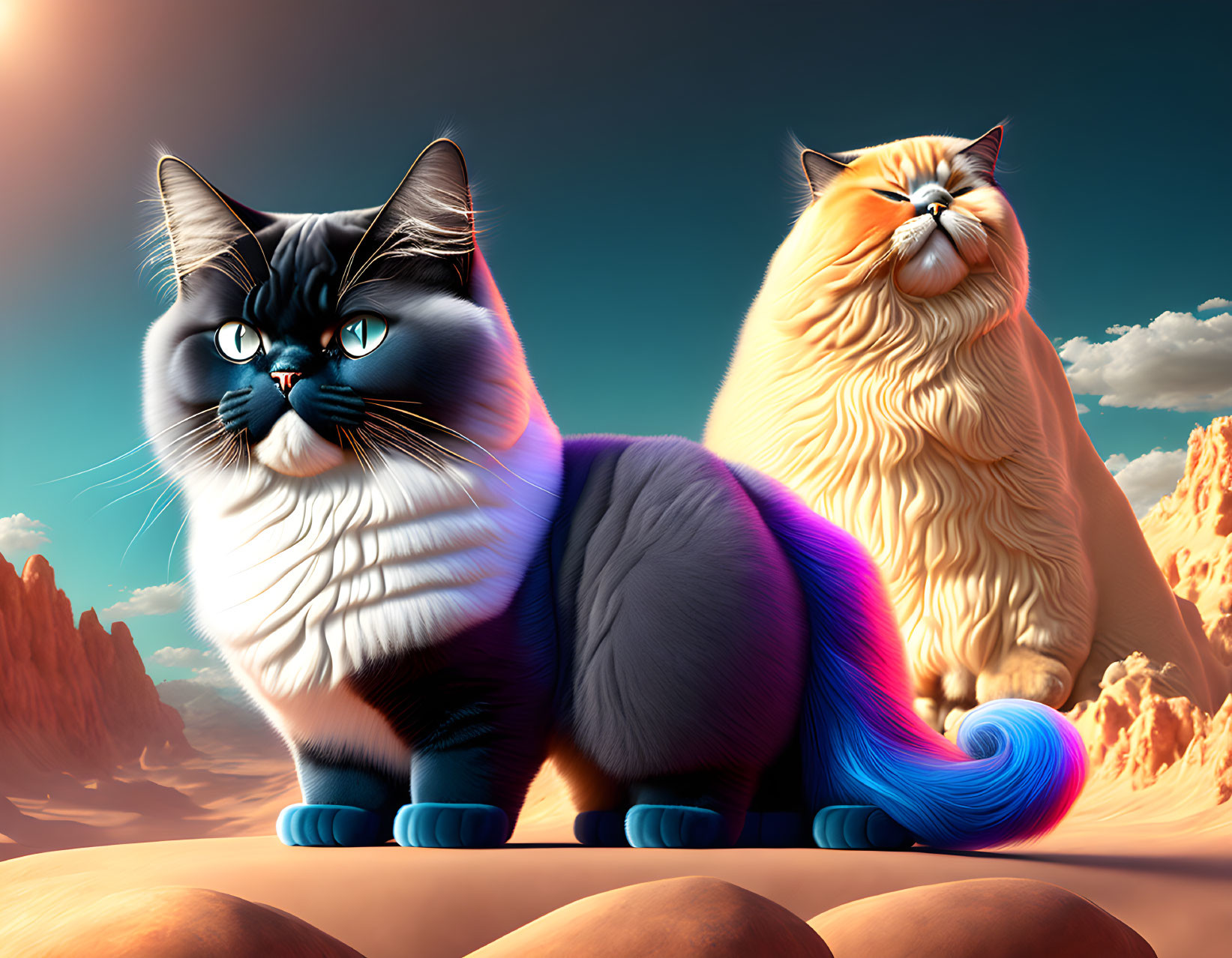 Colorful Stylized Cats in Majestic Fantasy Desert Landscape