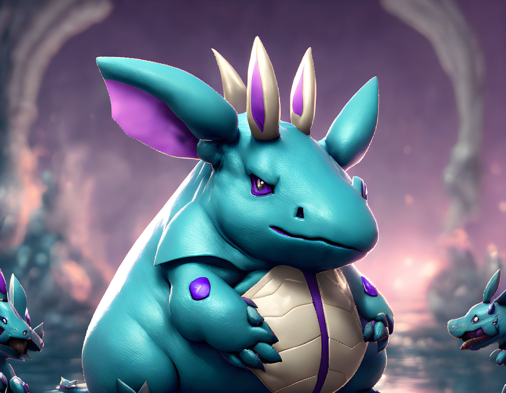 Blue Dragon-Like Creature with Purple Ears and Gold Spikes