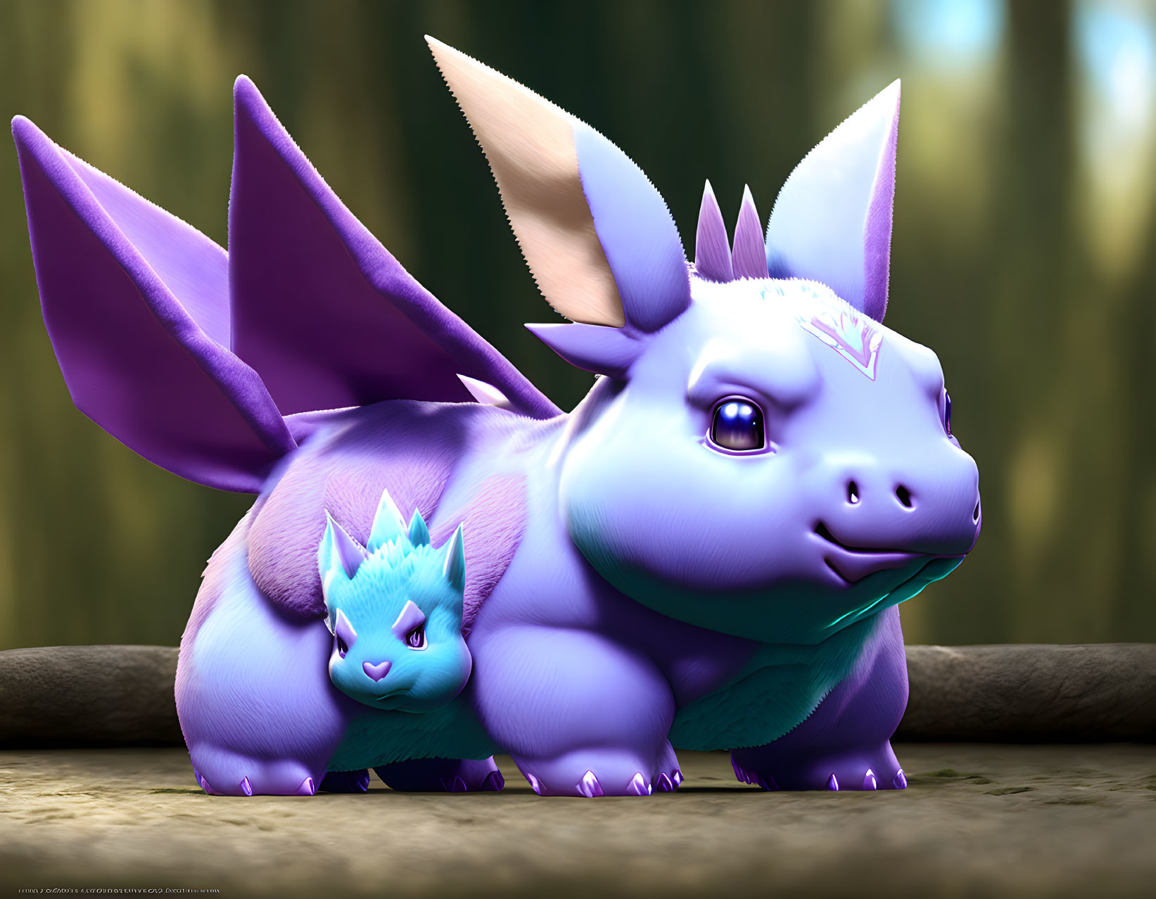 Digital illustration of two stylized creatures in purple and blue, one large and one small, sitting together