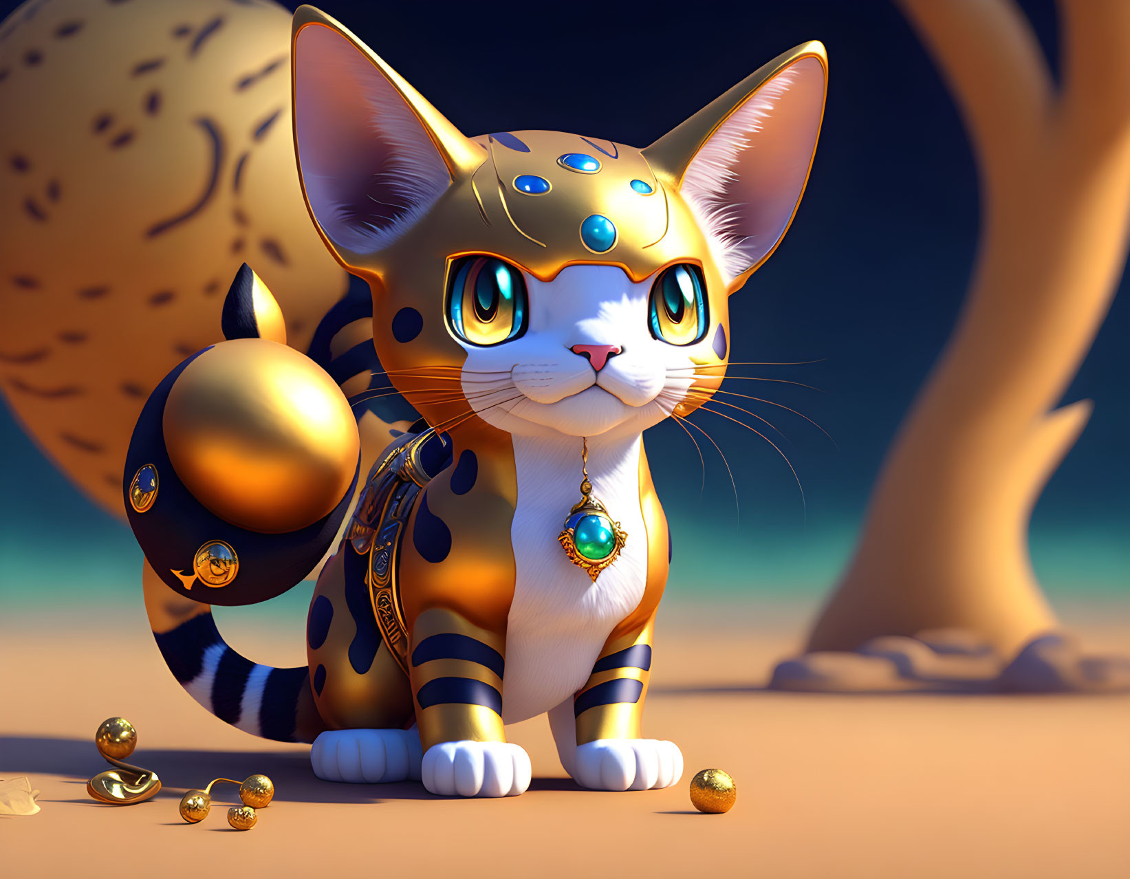 Stylized digital illustration of spotted cat with jewelry in desert twilight