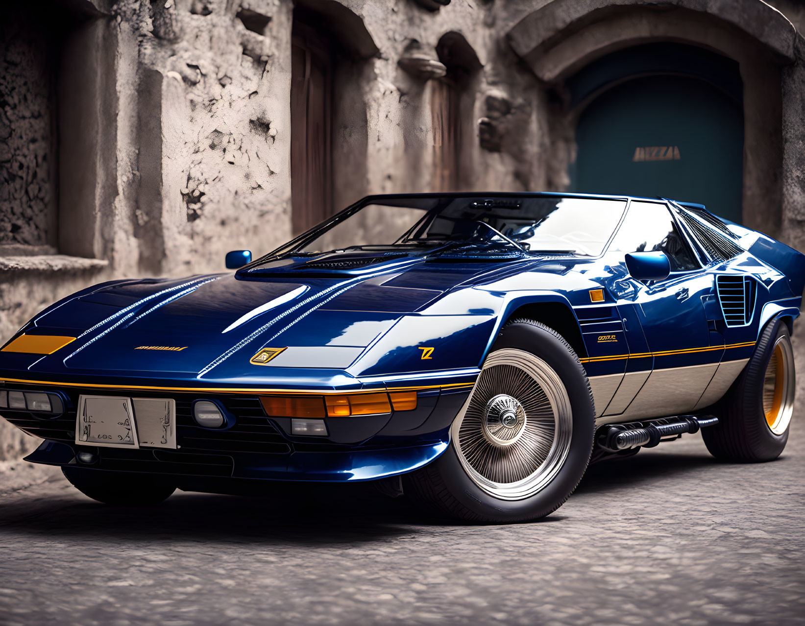 Vintage Blue Sports Car with White Racing Stripes Parked in Front of Textured Wall and Metal Door