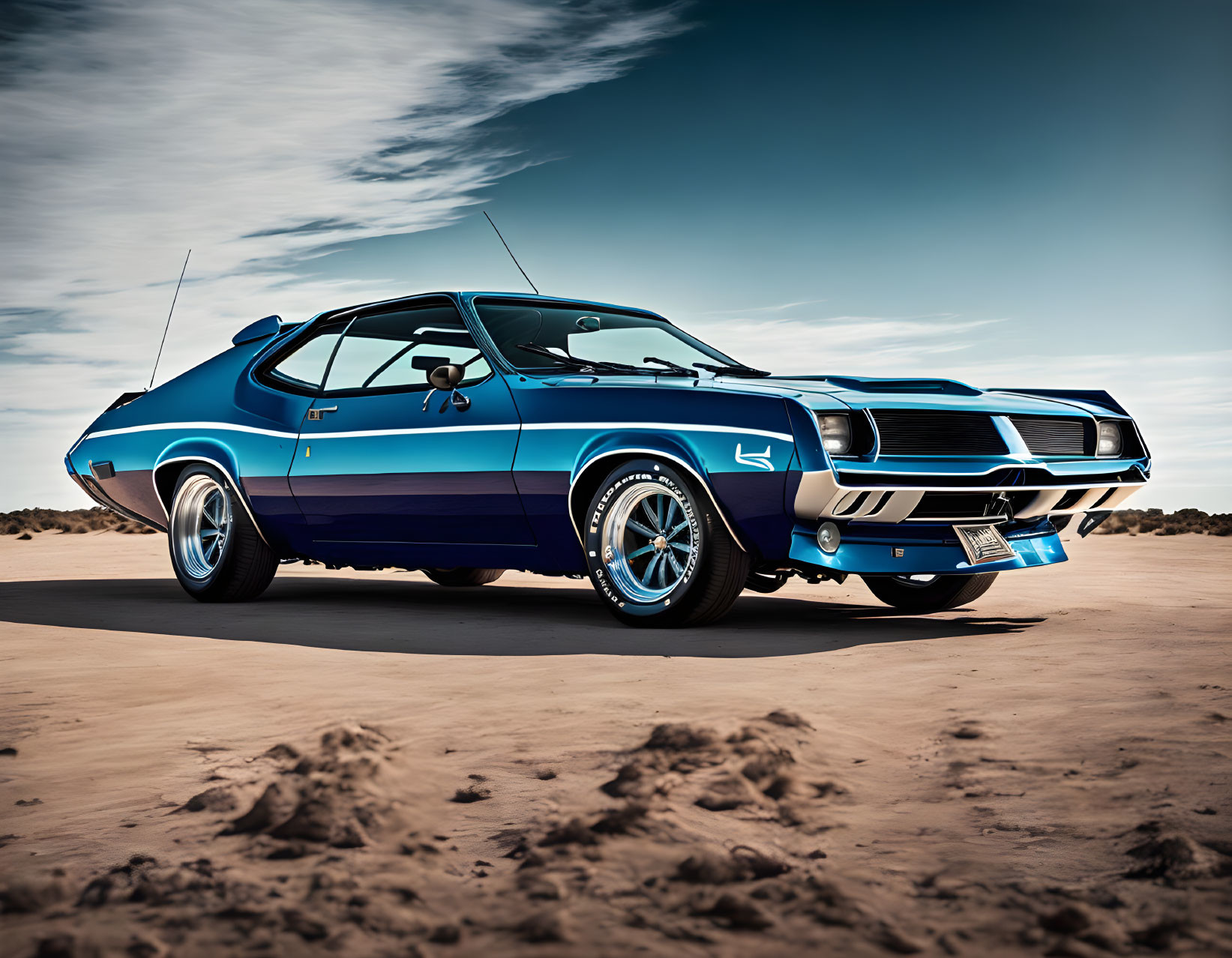 Vintage Blue Muscle Car with White Stripes on Sandy Terrain