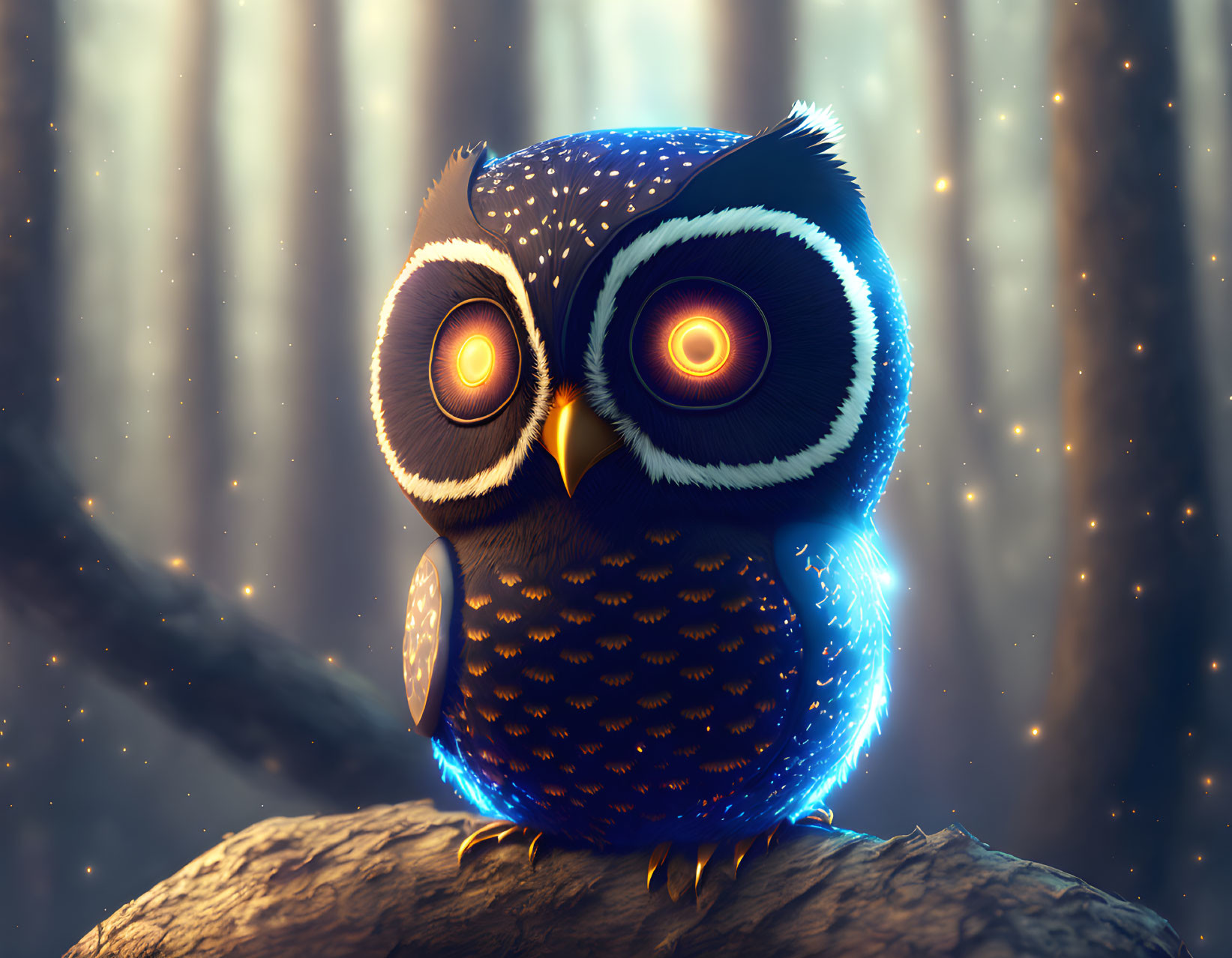 Whimsical glowing-eyed owl on branch in misty forest