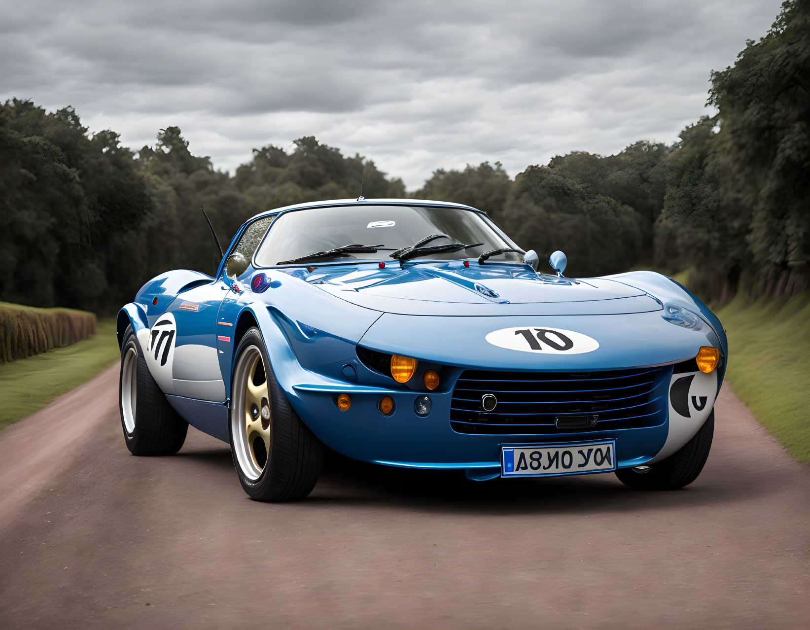 Blue Vintage Race Car with White Stripes and Number 10 Parked on Tree-Lined Path