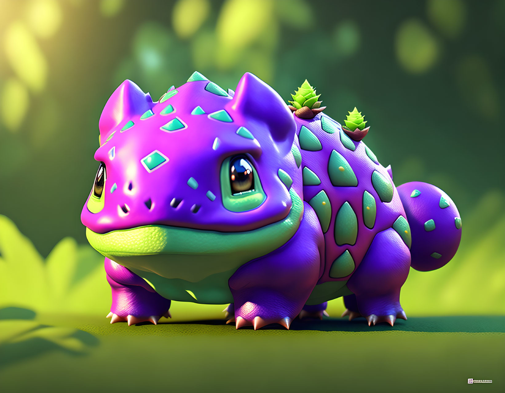 Vibrant 3D illustration of cartoonish purple toad with crystals and plants