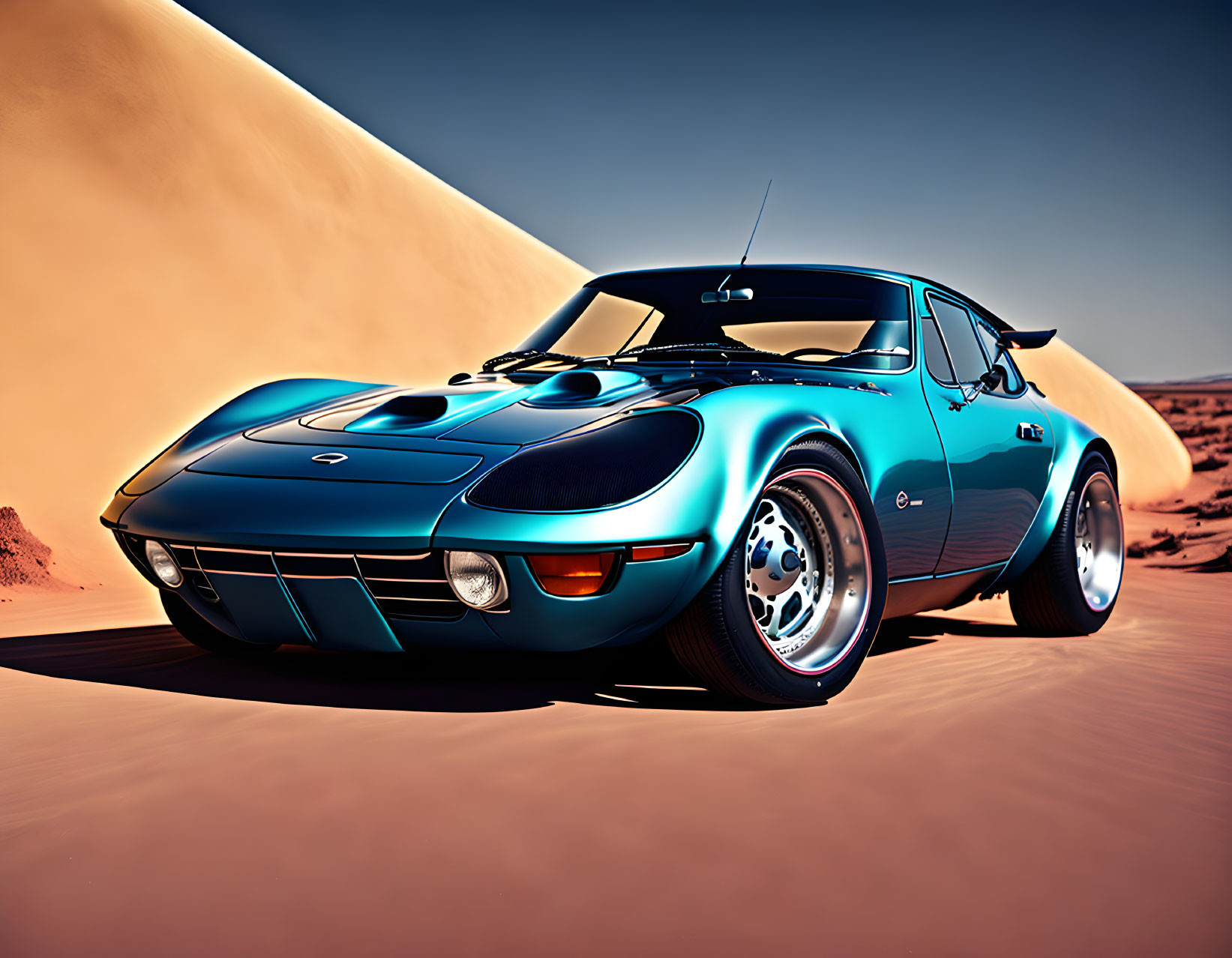 Classic Blue Sports Car with Pop-Up Headlights on Sandy Terrain & Dunes Background