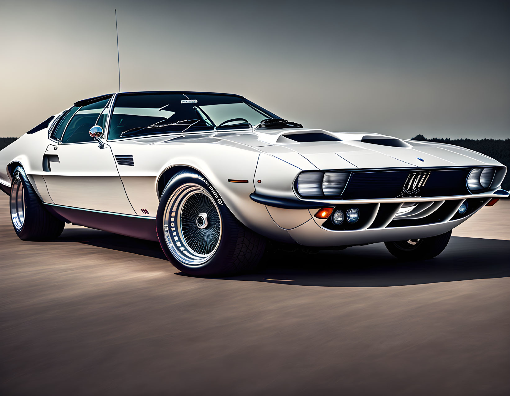 Classic White Sports Car with Blue Stripes and Pop-Up Headlights on Smooth Surface