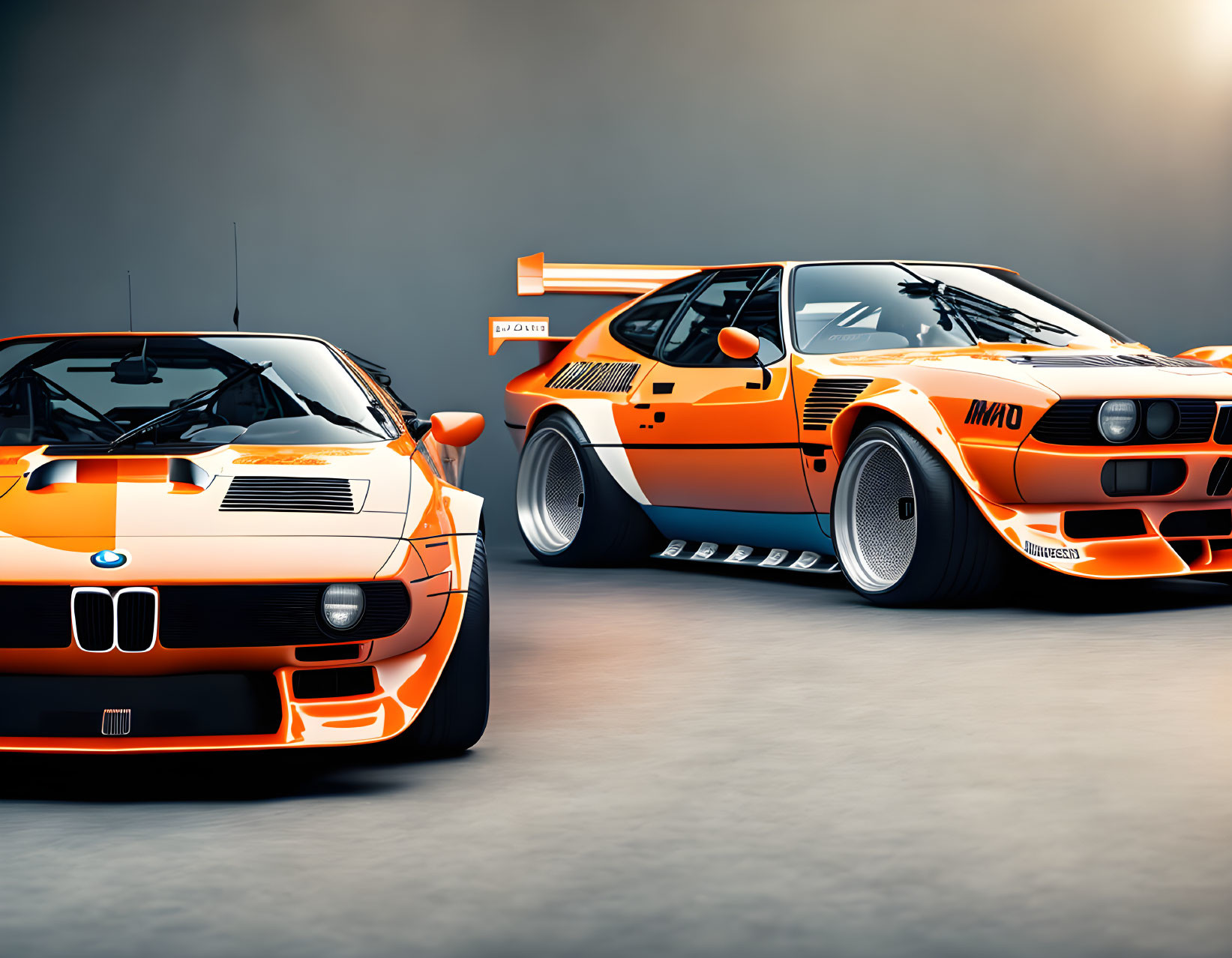 Two Classic BMW M1 Procar Race Cars with Orange and White Livery in Studio Setting