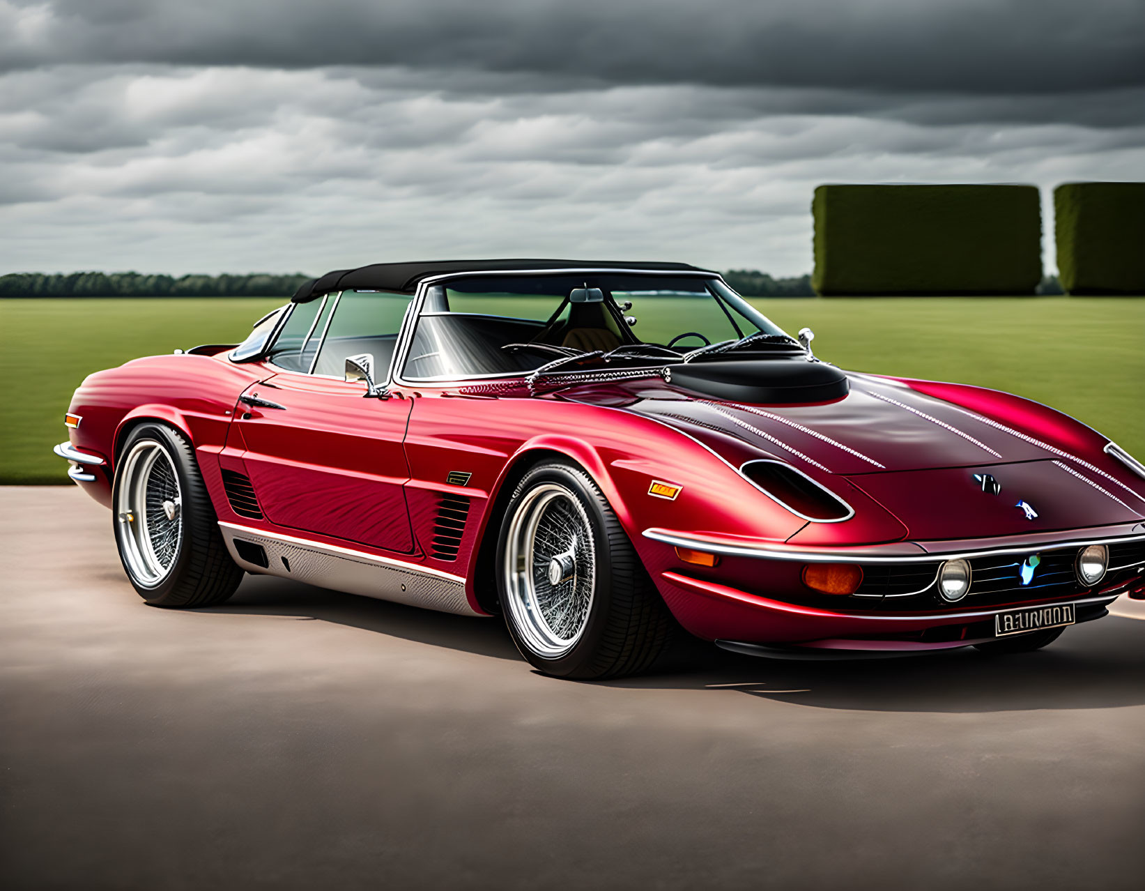 Vintage Red Convertible Sports Car on Asphalt Road with Green Field and Cloudy Sky