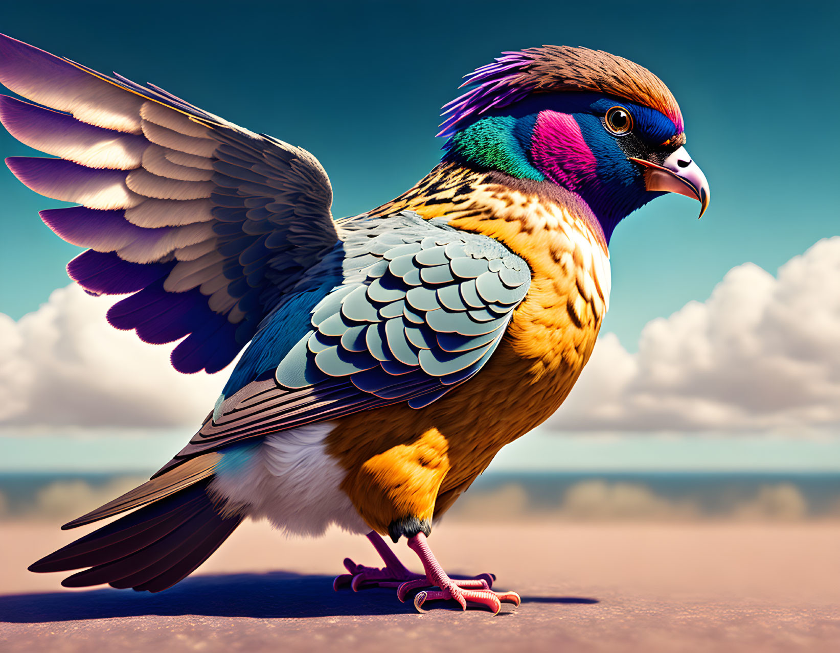 Vibrant bird illustration with spread wings on sandy ground