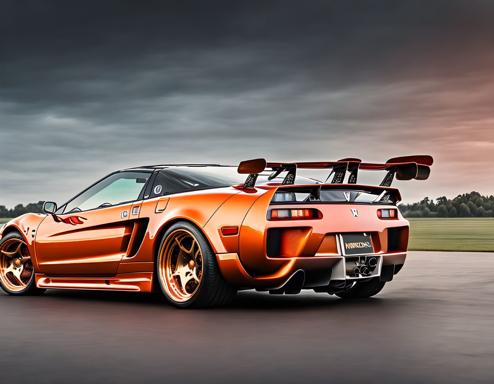 Sleek orange sports car with large spoiler and custom wheels on airstrip