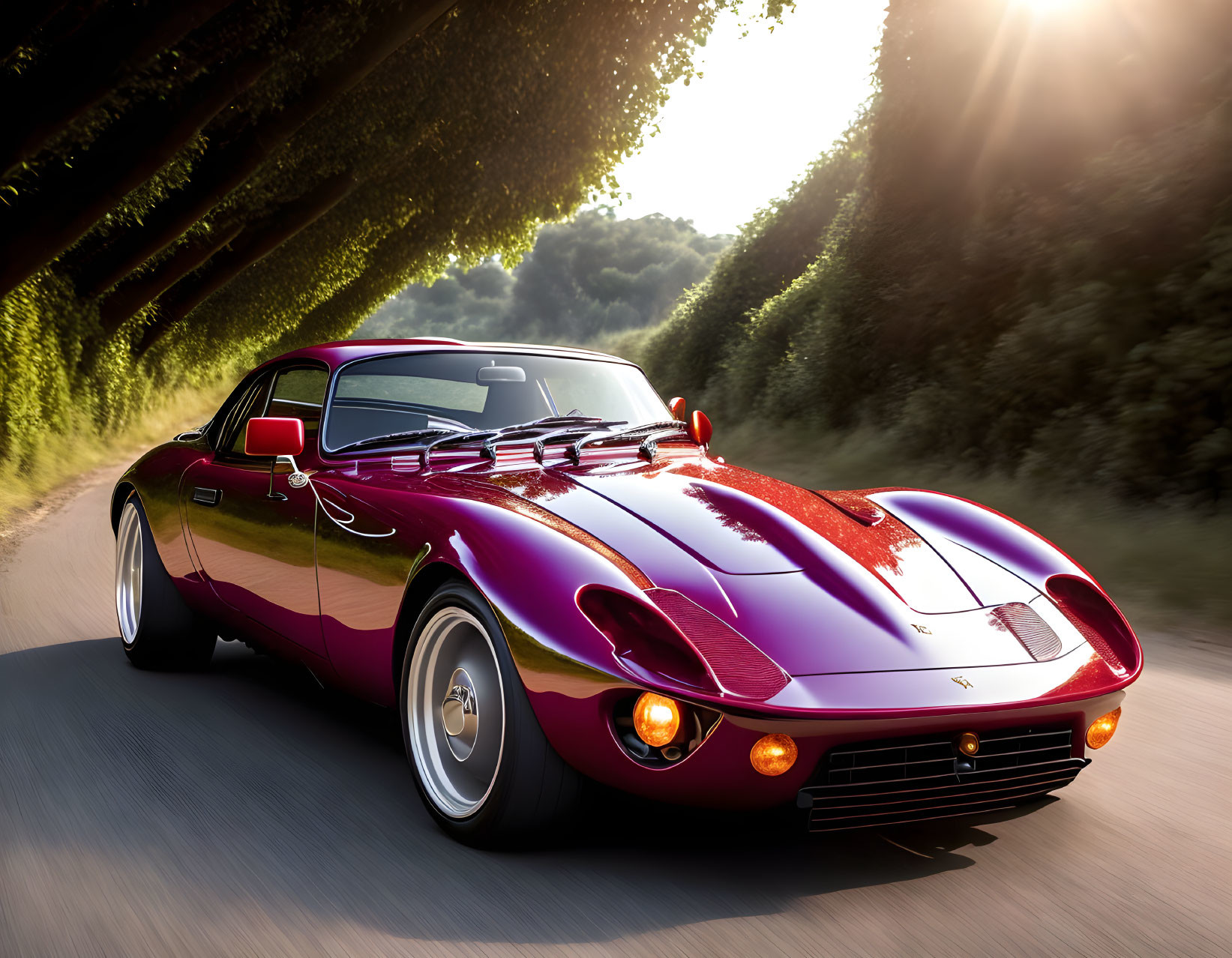 Red sports car on sunlit road surrounded by green trees