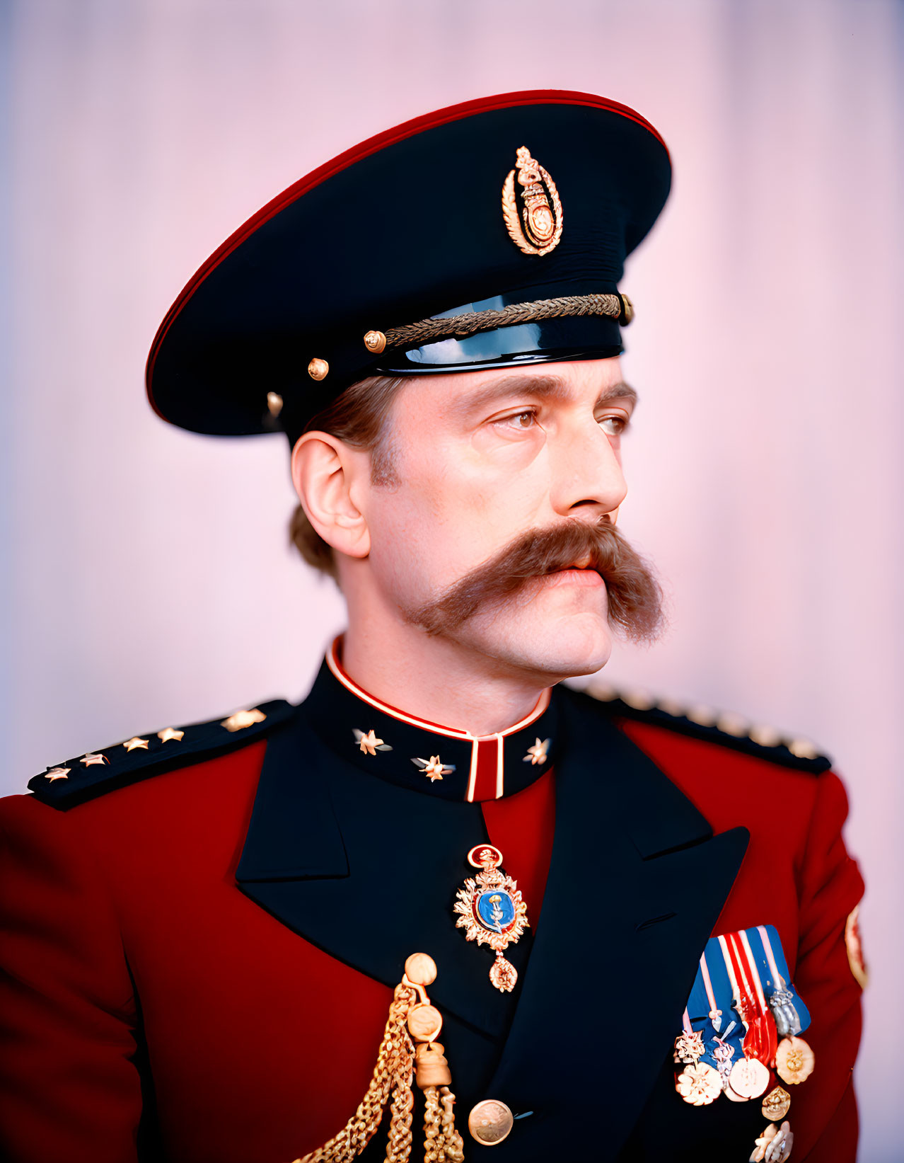 Ceremonial military uniform with medals and peaked cap portrait