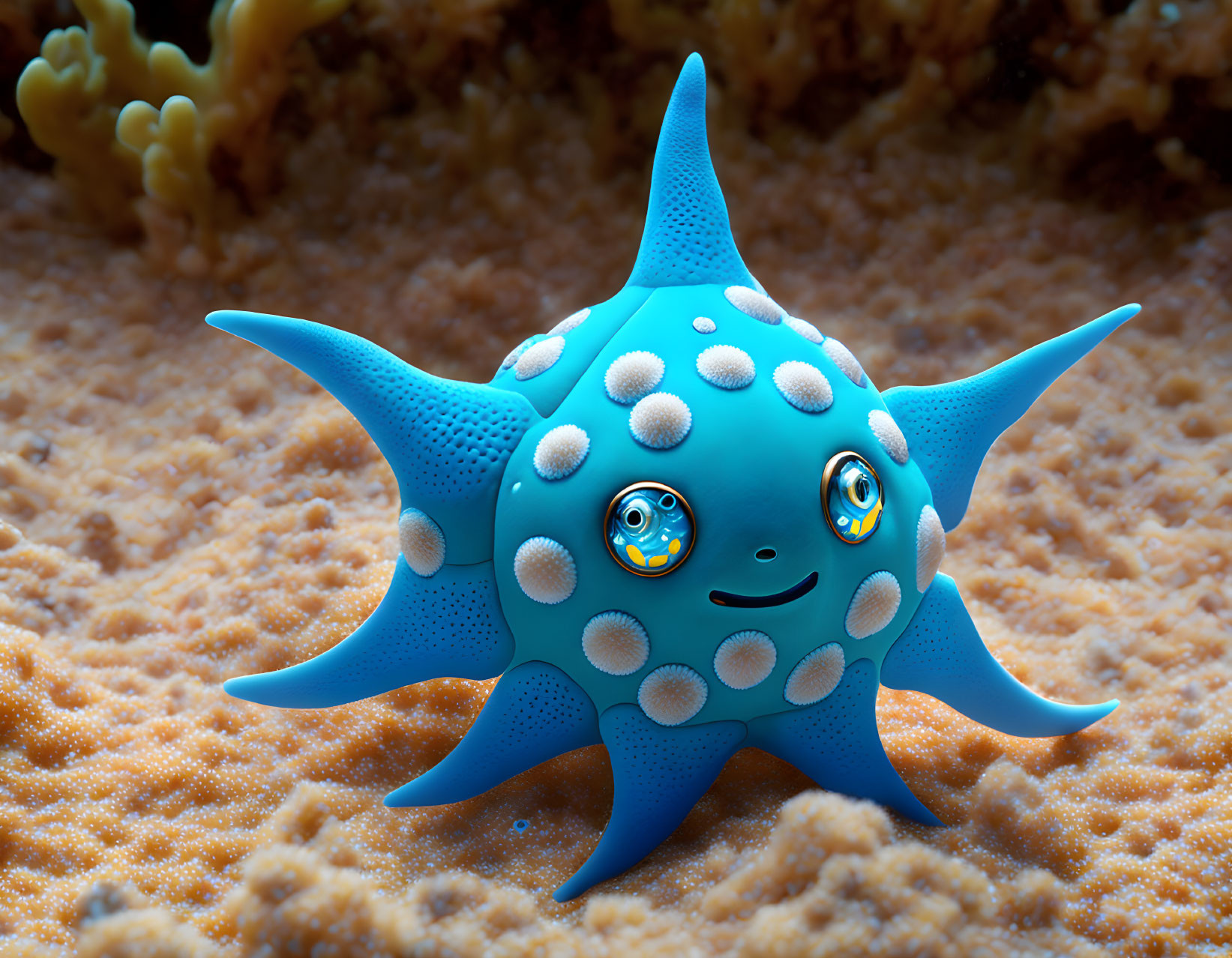 Blue Cartoonish Sea Creature with White Spots on Coral Surface