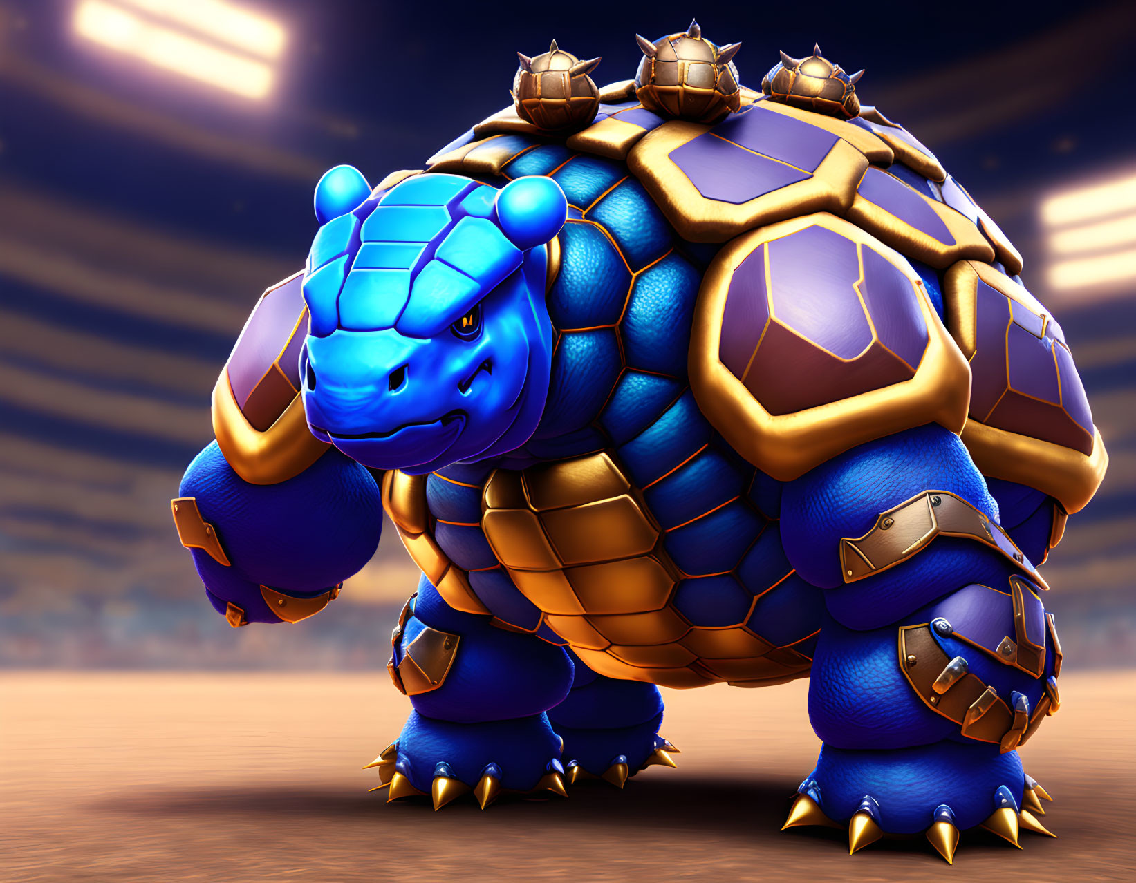 Armored blue turtle with spiked shell and boxing gloves in 3D illustration