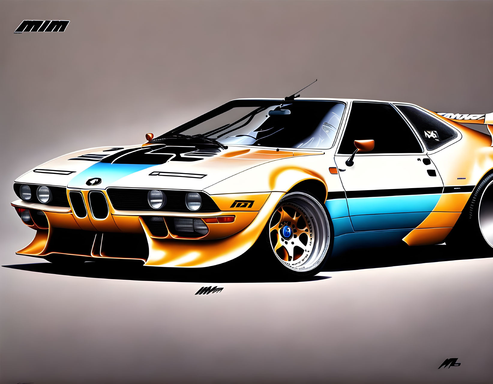 Stylized illustration of modified BMW M1 sports car with aggressive body kit and vibrant livery