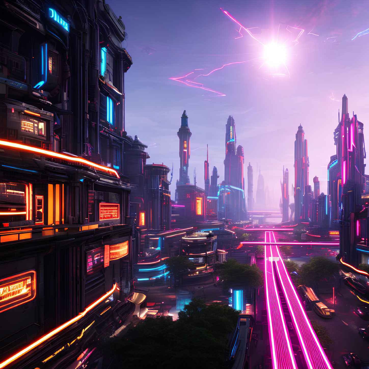 Futuristic cityscape with neon lights and skyscrapers at dusk