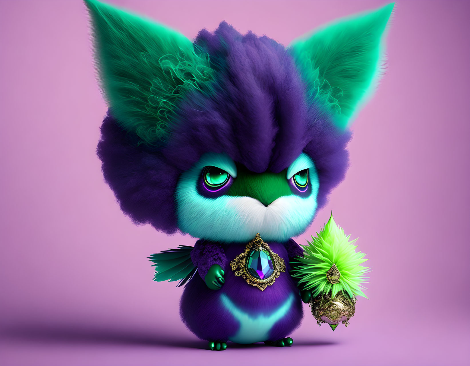 Colorful illustration of fluffy purple creature with green eyes and teal wings.