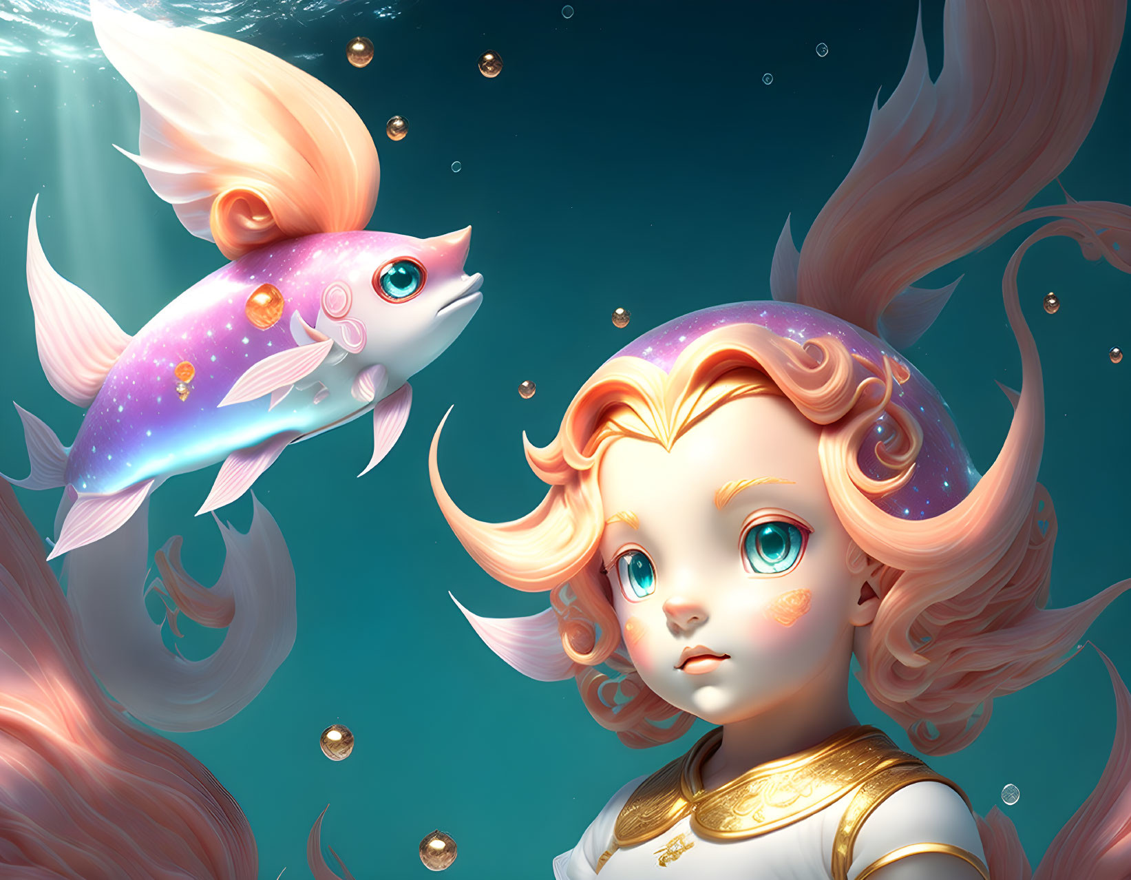 Digital artwork: Girl with coral hair and large eyes, fantastical fish with starry pattern underwater.