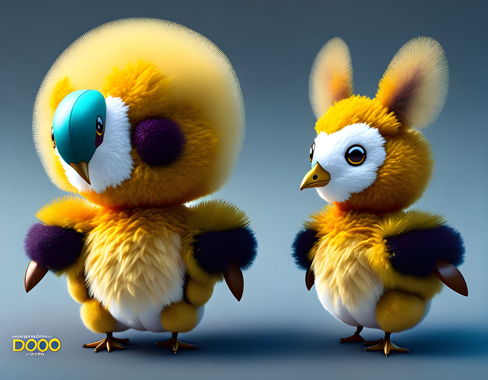 Cartoonish Chick Characters with Oversized Heads and Fluffy Feathers