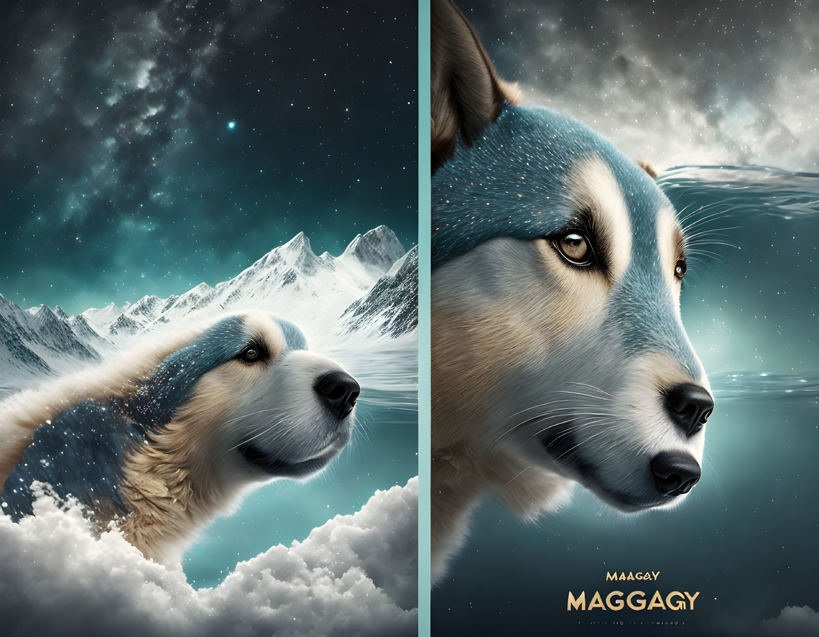 Split-image of dog in snowy mountain & cosmic backdrop.