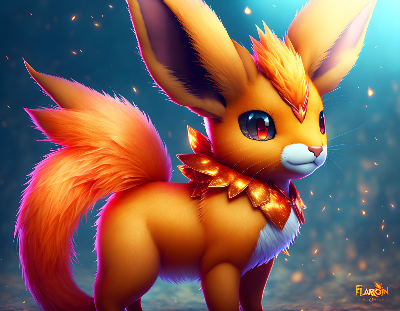 Colorful digital artwork of a fox-like creature with fiery orange fur and mystical neck adornments