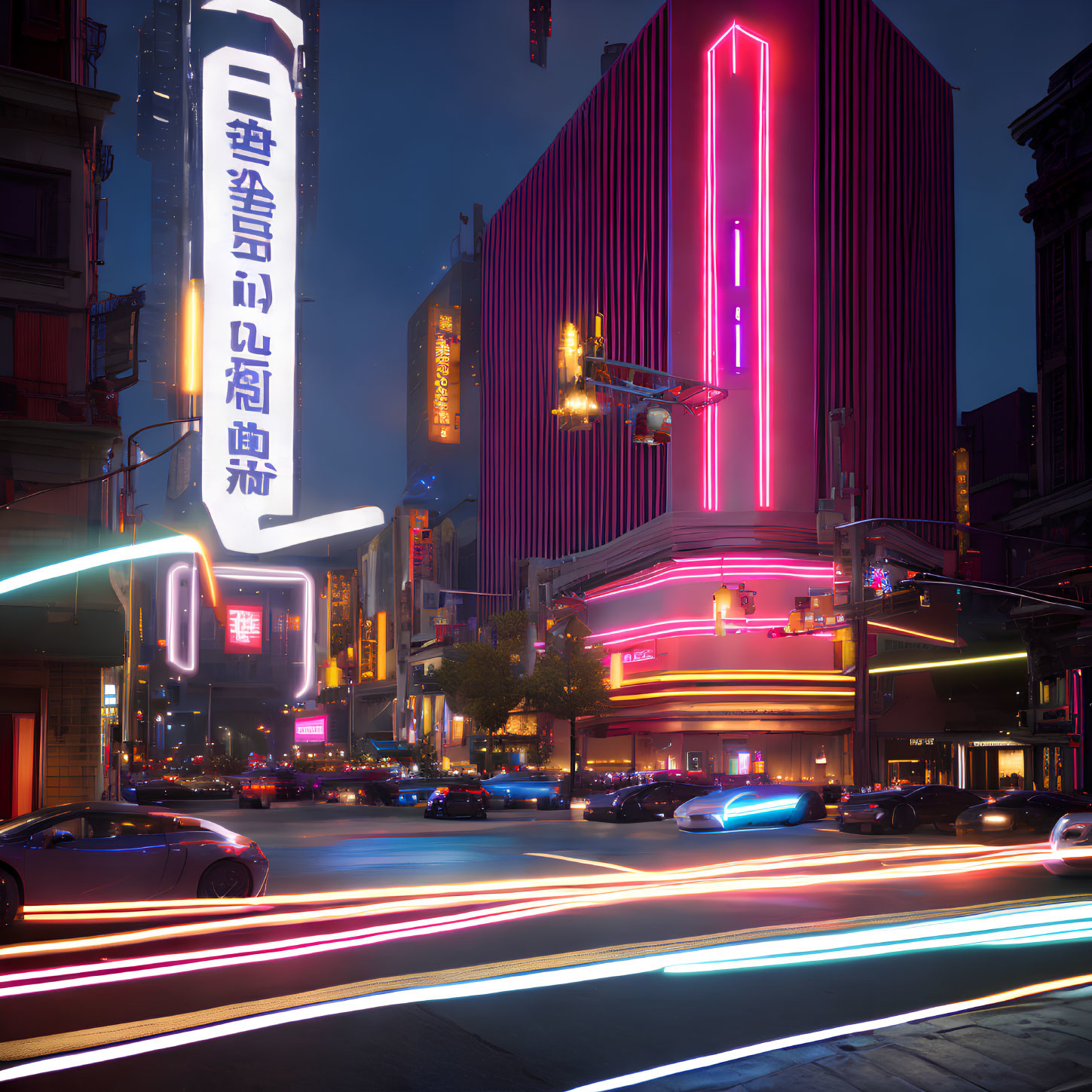 Vibrant neon-lit cityscape with foreign signs, sleek cars, and light streaks